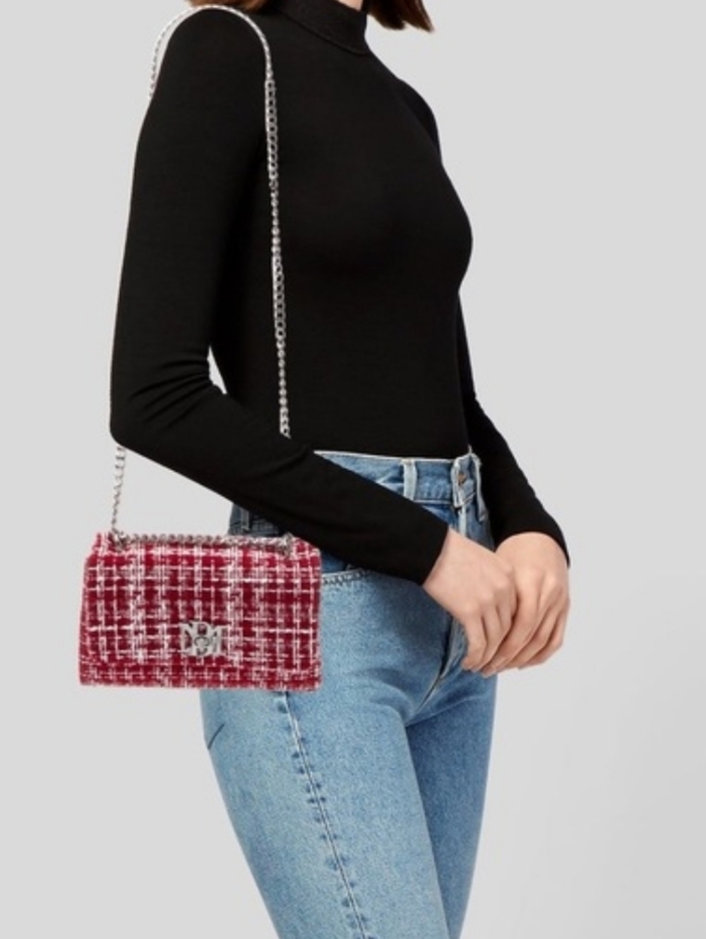Badgley Mischka Tweed Chain-Shoulder Crossbody Bag in Red, NWT